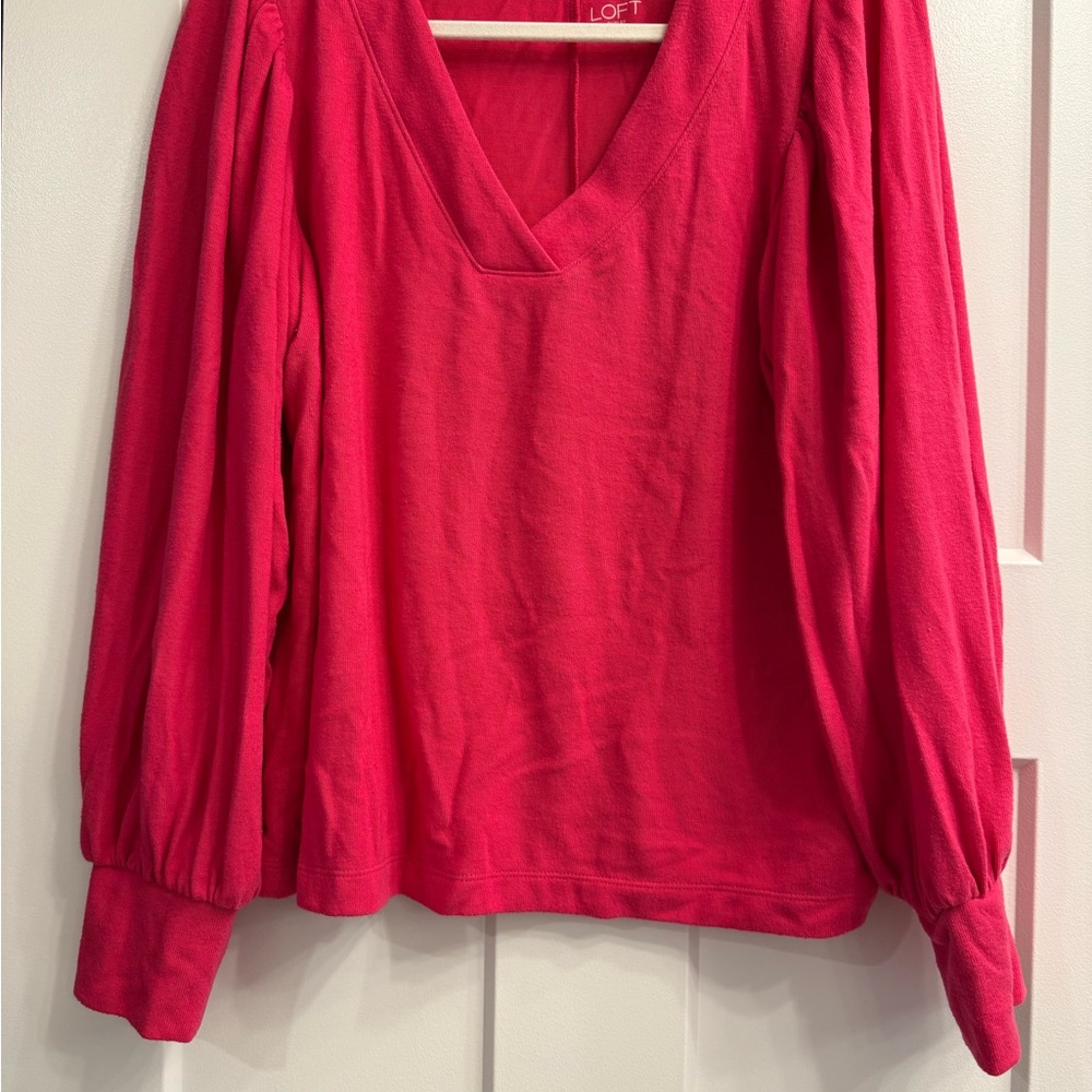 LOFT Women's Bright Pink V-Neck Blouse
